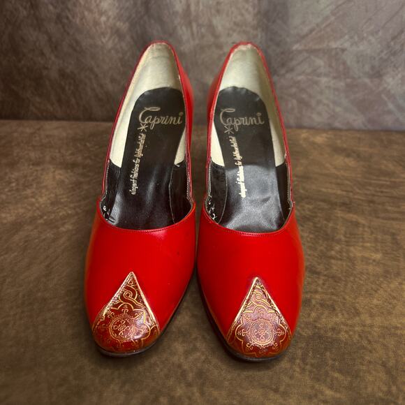 Vintage 50s Caprini Mandala Pumps Red High Heel Women's 7.5 Mod Midcentury Retro - Picture 1 of 11